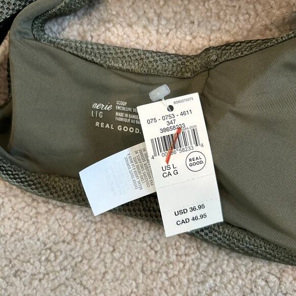 NWT Aerie Shine Pique V Wire Scoop Bikini Top Washed Olive Swm Beach Size L - Picture 5 of 5